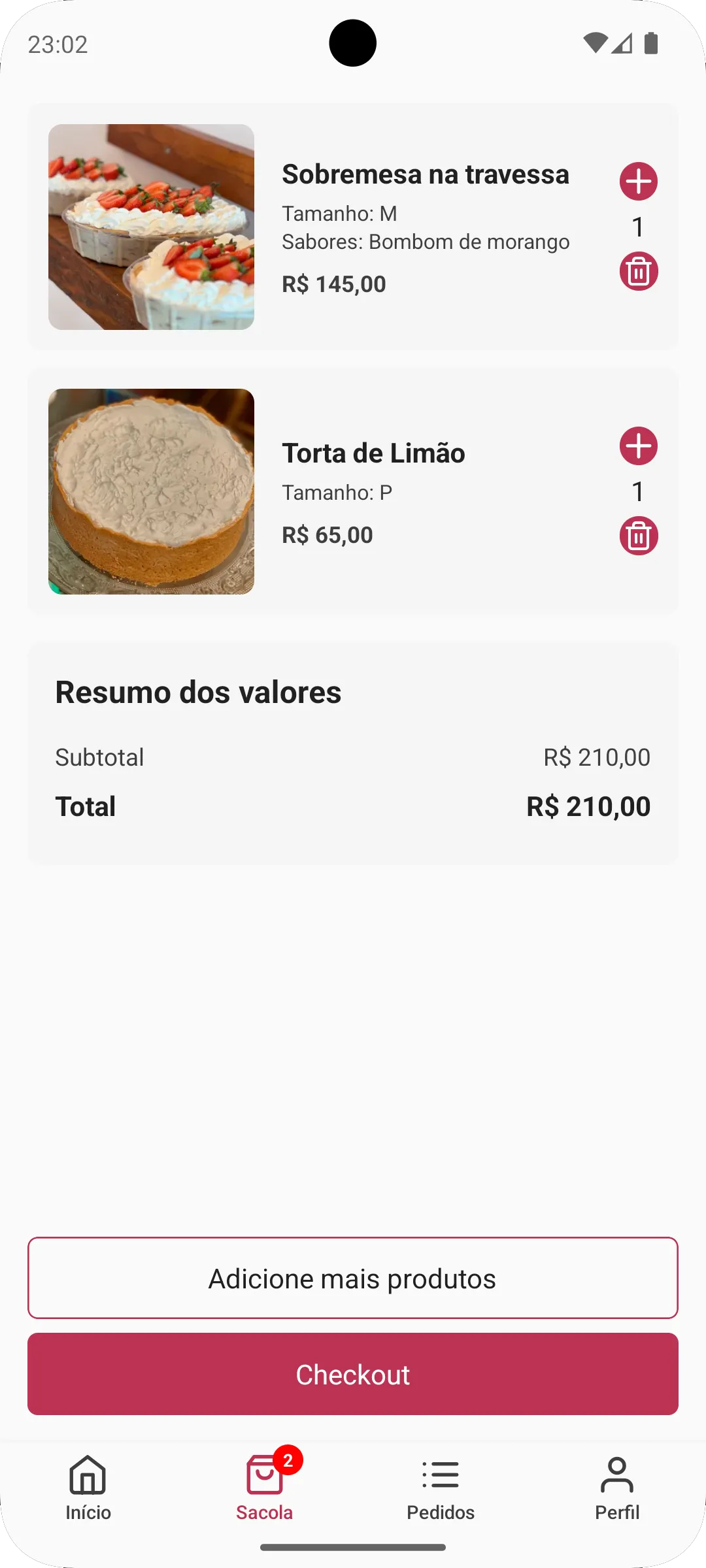 Tela do carrinho no app